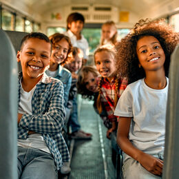 Schüler sitzen im Bus und werden zur Schule gefahren.